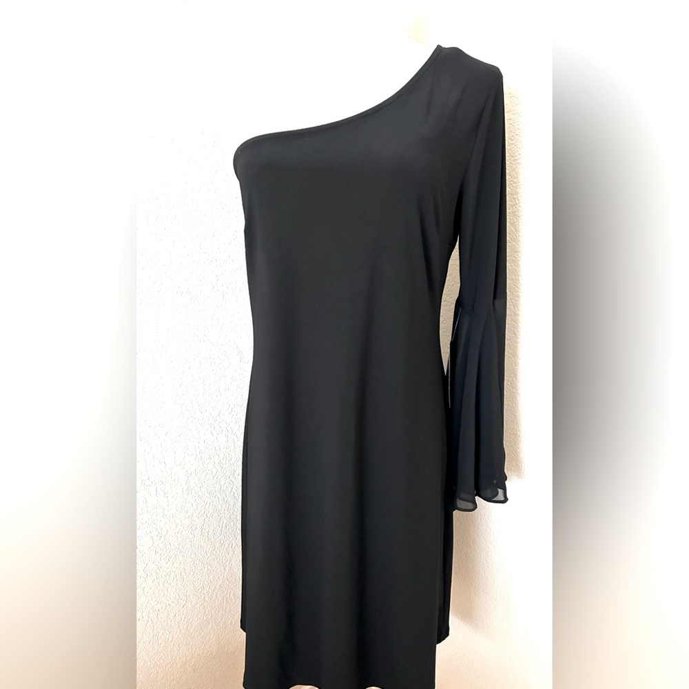 Black dress one shoulder bell sleeve body con dress MSK cocktail dress size M